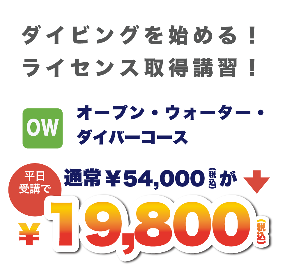 ダイビングを始める！ライセンス取得講習！オープン・ウォーター・ダイバーコース 平日受講19,800円税込。通常54,000円税込。
